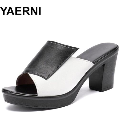 YAERNI women slipper 2020 ladies summer genuine leather slippers shoes women high heels fashion summer shoes