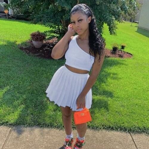 Women Summer Sexy Dress Sets Sportwear Casual High Waisted Pleated Skirt and Skew Collar Crop Top Set Bodycon 2 Piece Skirt Set