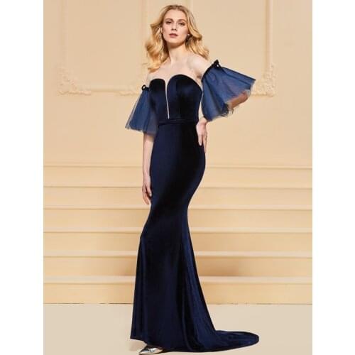 2020 New Fashion Luxury Brand Mesh Sleeve Velvet Dress Women Long Maxi Trumpet Mermaid Dresses Prom Party Robe Female