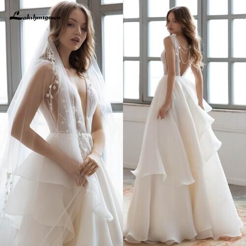 Lakshmigown Sexy Chiffon Ruffles A line Wedding Dresses robe de mariee Beaded Sleeveless Bridal Gowns V Neck vestido de novia