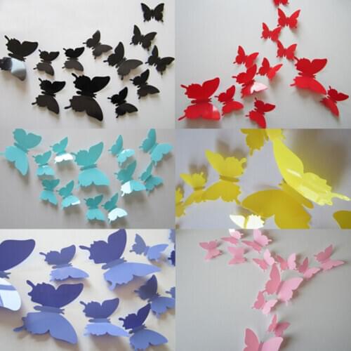 12pcs Wonderful Art Design Decal Wall Sticker Home Decor Black Blue Red Yellow Room Decorations 3D Butterfly Wedding Decor