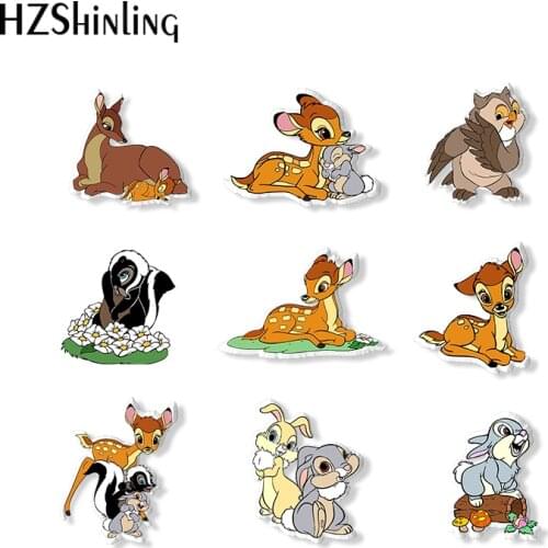 2021 New Fashion Deer Bambi and Friends Owl Bunny Acrylic Brooch Pin Handcraft Epoxy Resin Clothing Badge Pins