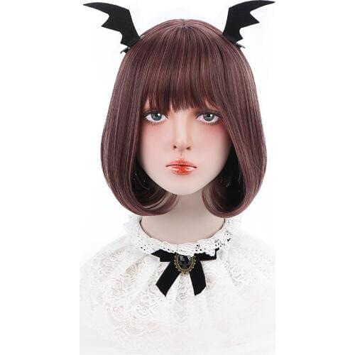 Free Beauty 12" Short Wavy Synthetic Purple Bronze Ashy Brown Strawberry Blonde Hair Bob Wigs with Blunt Bangs for Women Daily