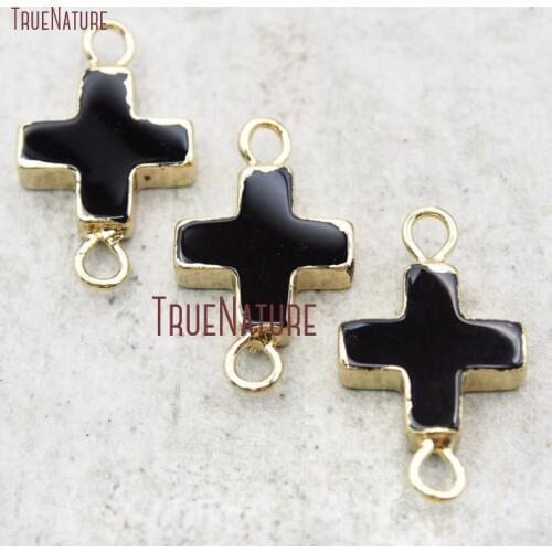 10Pcs Best Seller Pure Gold Color Cross Connector Onyx Double Bail Pendant 25x15mm PC14917