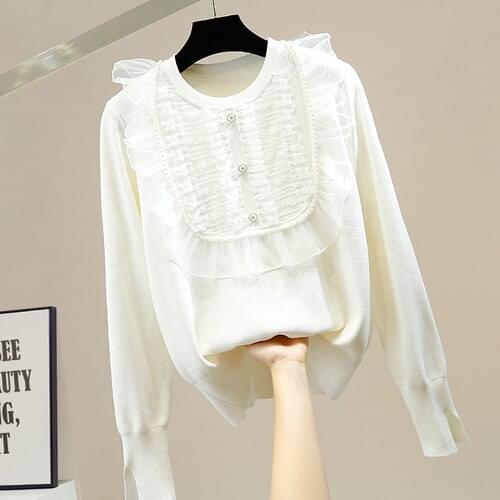 Beads Sweet Lace Pleated Ruffles Sweater for Woman Patchwork Round Neck Pullover Ladies Elegant Knit Top Pull Femme