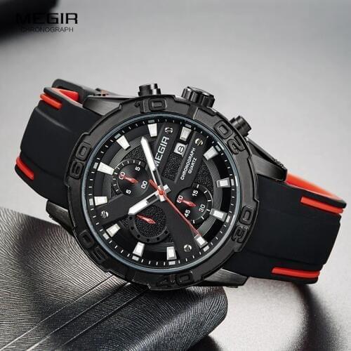 MEGIR Mens Fashion Sports Quartz Watches Luminous Silicone Strap Chronograph Analogue Wrist Watch for Man Black Red 2055G-BK-1