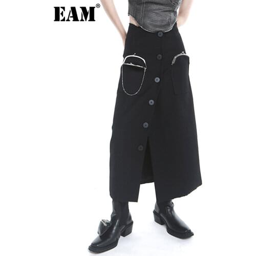 [EAM] High Waist Black Single Breasted Long Pocket Chain Half-body Skirt Women Fashion Tide New Spring Autumn 2021 1DE2376