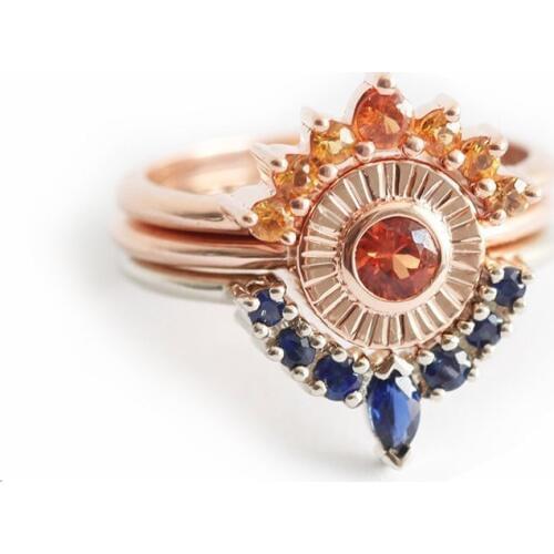 Hainon Fashion Champagne Zircon Crystal Rings Womens Girls Rose Gold Color Filled Wedding Ring Set Lover Wedding Party Jewelry