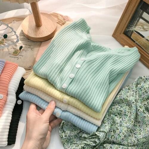 Short Sleeve V-Neck Knit Cardigan Women Solid Color Slim Buttons Jacket Top Summer Korean Thin Blouse Female Casual Clothes