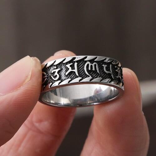 Retro Stainless Steel Six-Character Mantra Rings For Men Punk Feng Shui Amulet Lucky Ring Men Women Fashion Jewelry Party Best