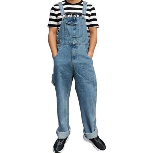 Size 30 - 46 2021 Classic Overalls Bib Men Jeans Denim Jumpsuits Big Pocket Loose Straight Cowboy Coverall Pants Blue Trousers