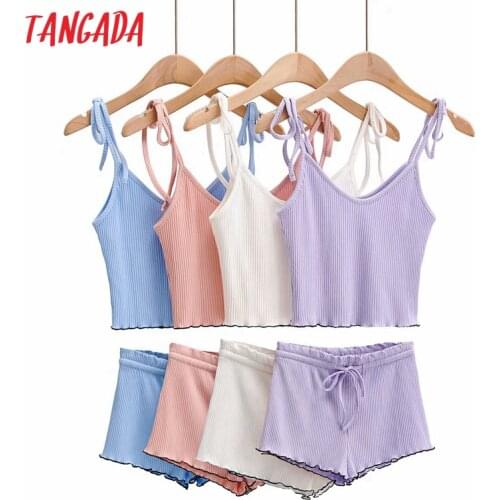 Tangada 2020 women 95 cotton strethy tops shorts set suit 2 piece set camis and shorts high quality 4P3