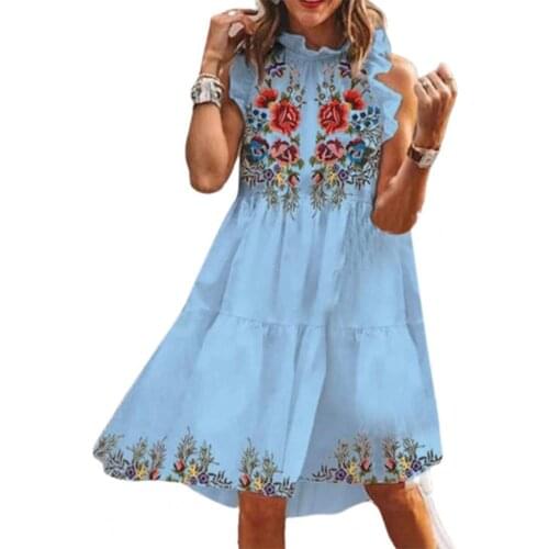 Summer Short Dress Women Sexy Sleeveless Ruffled Floral Printed Dress Beach Holiday Sundress 2021 Bohemian Vestidos Robe Femme