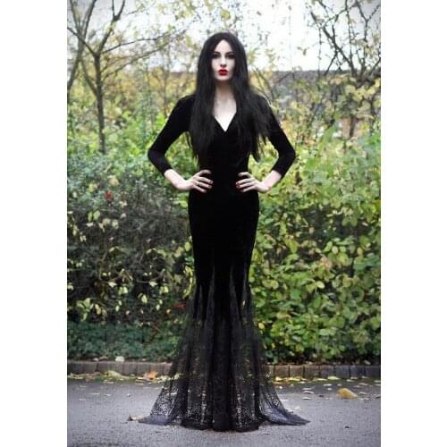 M-3XL Morticia Addams Costume Cosplay Halloween Sexy Gothic Wicked Witch Horror Maxi Lace Floor Dress Mermaid Outfit For Women