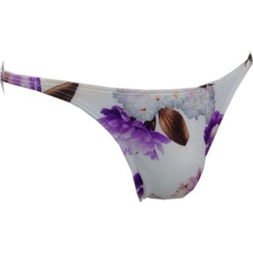 Mens String Bikini Stripe Jersy nylon Spandex G3774 Narrow Waist Floral prints Beige ground