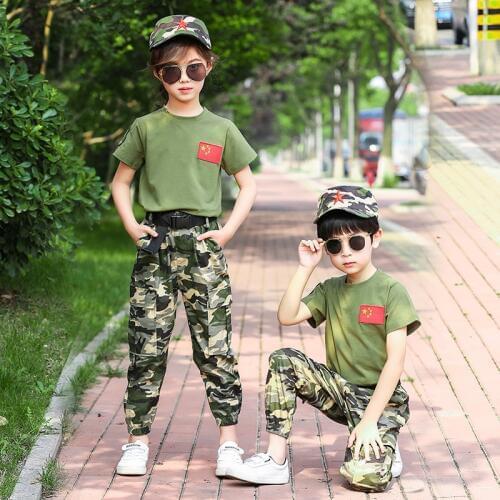New Summer Boy Short-sleeved Camouflage Military Uniform Printed Shirt T-shirt + Shorts Children Casual Wear Suit Kid Clothes