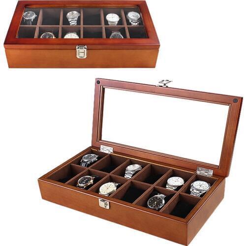 12 Slots Watch Display Boxes Case Wood Material Transparent Skylight Watch Organizer Holder New Womens Jewelry Storage Box