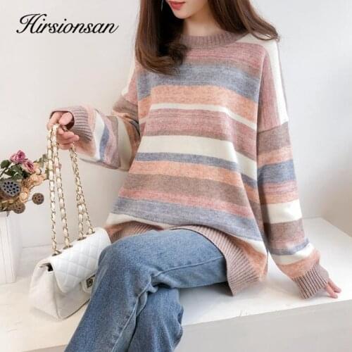 Hirsionsan Pullover Harajuku Sweater Women Autumn Winter Rainbow Stripe Knit Oversized Korean Kawaii New Sweater Female Clothes