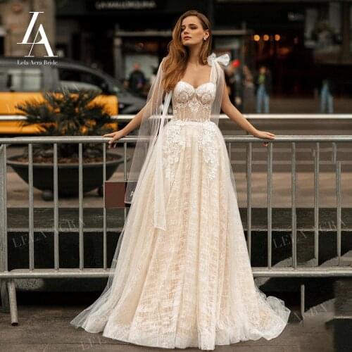 Boho Appliques Wedding Dress 2021 Romantic Tulle A-Line Lace Up Princess Bridal Gown Court Train LelaAcra R047 Vestido De Noiva