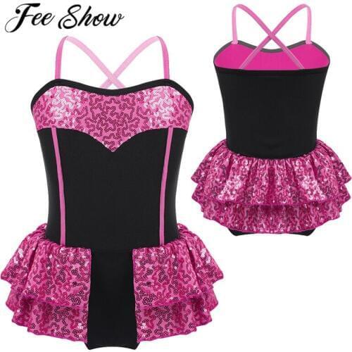 Kids Girls Leotard Modern Fashion Shiny Spaghetti Shoulder Straps Sequins Ballet Dance Dress Jazz Latin Dancing Costumes