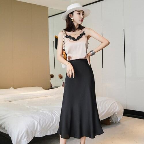 Korean England Office Lady Simple Satin Elegant Summer Midi Length Skirt Women Faldas Mujer Moda Skirts Women Plus Size XL