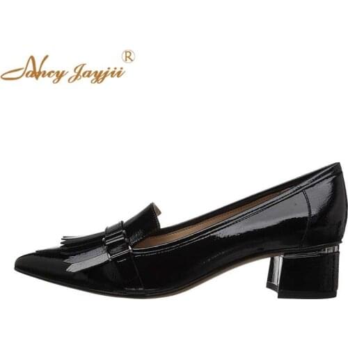 Nancyjayjii Patent Ink Blue Black Leather Pointed Toe Pumps 4 cm Mid Block Heels Buckle Tassels Suits Women Shoes 2019