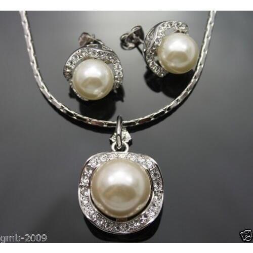 Womens Genuine White South Sea Shell Pearl Pendant Necklace Earrings A Set