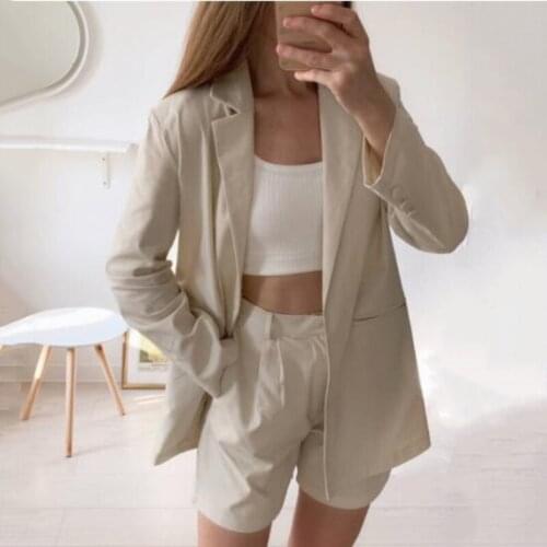 Holiwind 2021 Cotton Linen Suit Women Blazer Set Solid Color Office Lady Slim Single-Breasted Suit Outerwear V-Neck Blazer Set
