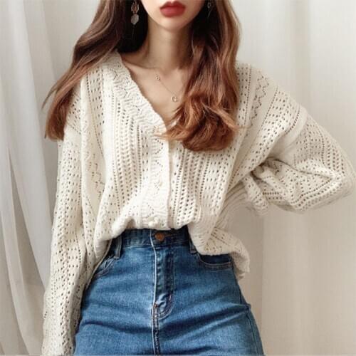 Retro Hollow Womens Knitted Sweater Jacket Girly Style Lotus Leaf Sleeve V-neck Loose Single-breasted Spring And Autumn Sweater