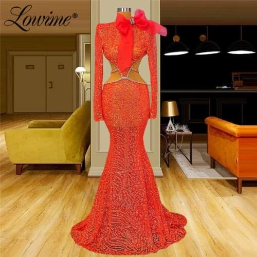 Lowime Red Backless Crystals Party Dresses 2021 Custom Made Mermaid Long Sleeves Illusion Evening Gowns Plus Celebrity Dresses