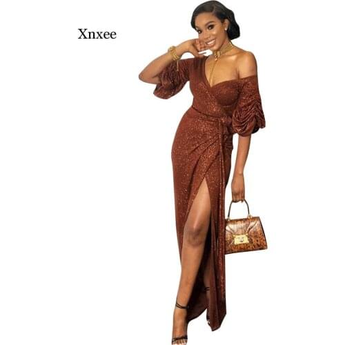 Women Winter Bodycon Long Maxi Dress V-Neck Short Puff Sleeve Open Pork Sashes Sexy Club Night Party Bandage Dresses Clothing