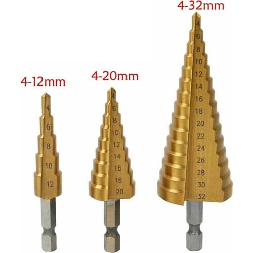 1pc HSS Steel Step Cone Drill Titanium Bit Metal Wood Hole Cutter 4-32/20/12mm Titanium Coated Wood Metal Hole Cutter Core Drill