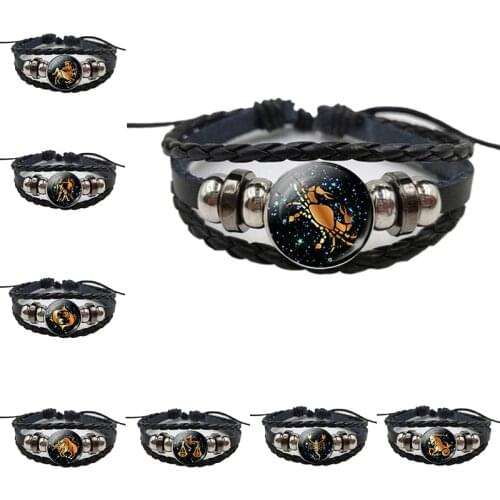 12 Constellations Black Bracelet Glass Cabochon Jewelry Leather Zodiac Sign Bracelets Men Punk Birthday Gifts Dropshipping