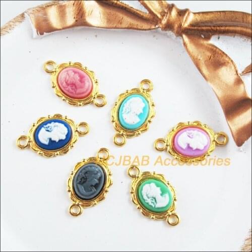 18 New Oval Charms Gold Color Retro Beauty Mixed Resin Connectors 12x21mm