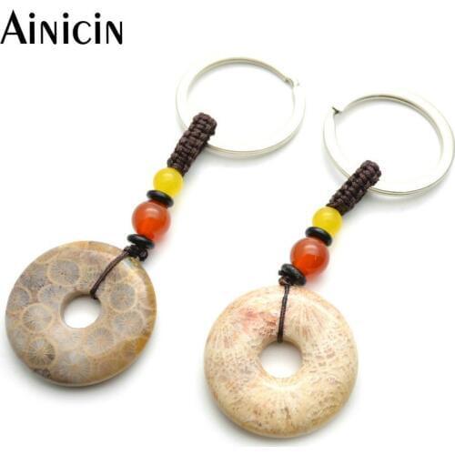 2pcs Yellow Color Natural Astroies Donut Shape 30mm Diameter Fashion Men and Women Key Chains Fashion Key holder Gift Jewelry