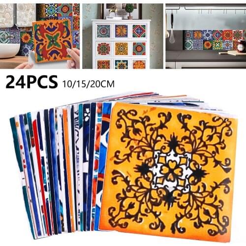 24Pcs Tile Sticker Moroccan Style Tile Decals Waterproof Removable Decals Decor Stickers Self Adhesive Traditional DIY Murals