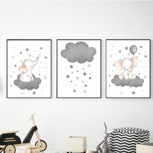 Watercolor Elephant Cloud Balloon Wall Art Canvas Painting Nursery Posters And Prints Wall Pictures Baby Kids Room Décor