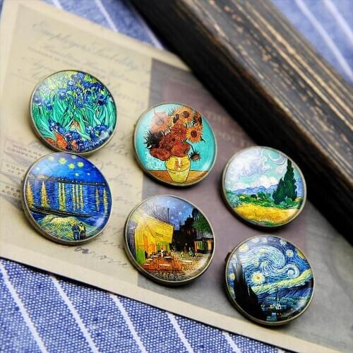 Van Gogh Brooch Retro Art Oil Painting Simple Round Glass Crystal Badge Personalized Clothes Bags Hat Decoration Diy Accessories