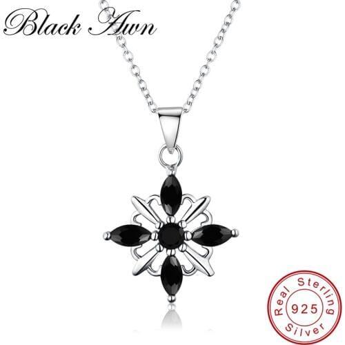 [BLACK AWN] 100% Pure 925 Sterling Silver Jewelry Star Chain Necklace for Women Black Stone Necklaces & Pendants P172