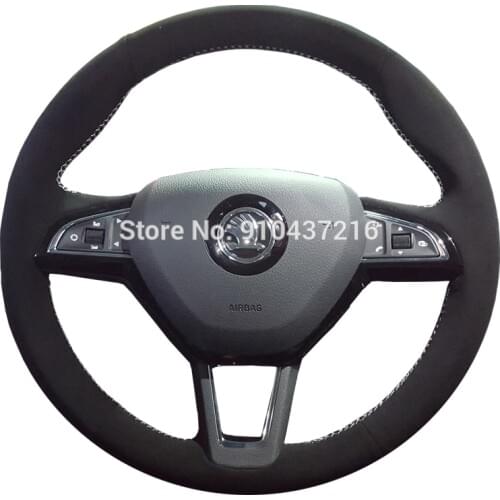 For SKODA Octavia KAMIQ KAROQ Superb Rapid Spaceback Black Suede Leather Hand-stitched Car Steering Wheel Cover