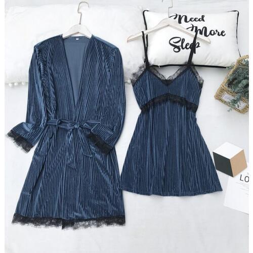 Women 2 PCS Robe Set Nightgown Sleepwear Lady Autumn Winter Velvet Warm Robes Solid Lace Kimono Bathrobe Gown Suit