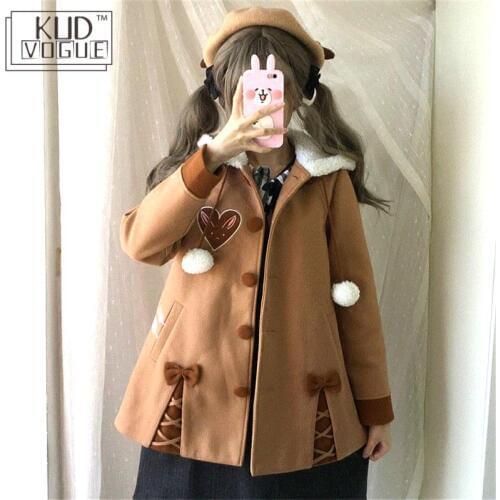 Harajuku Kawaii Plush Hoodie Japanese Soft Sister Cute Radish Embroidered Women Woolen Hooded Coat Winter Bow Sweet Loose Jacket