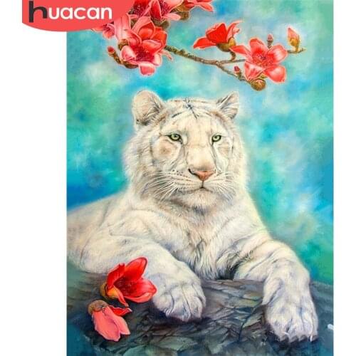 HUACAN Full Square Round Diamond Painting Tiger Mosaic Diamond Embroidery Animals Cross Stitch Needlework Art Home Decoration