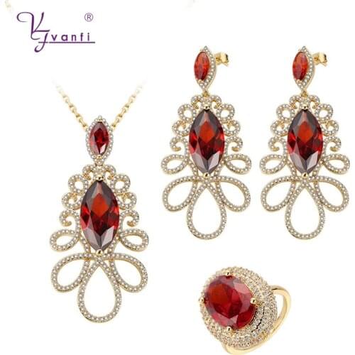 Kfvanfi Cubic Zirconia Gold Pendant Necklace Ring Statement Drop Earrings Set Red Green White Crystal Jewelry Set For Women