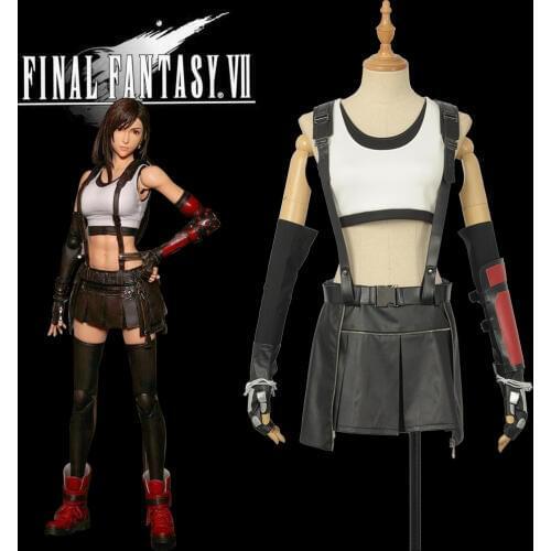 Final Fantasy VII Remake Tifa Cosplay Costume Women Faux Leather Shorts Wrist Guard Girl Gloves Stockings Belt Vest Halloween