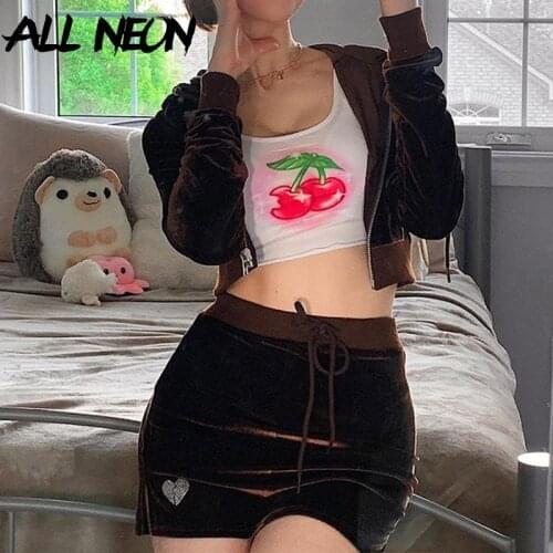 ALLNeon 2000s Streetwear Pink Velour Diamond Co-ord Sets Y2K Fashion Cute Zipper Hoodies and Slit Mini Skirts 2 Piece Suit Black