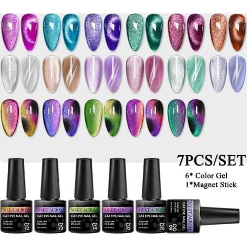 Mtssii 7PCS/Set Spar Cat Eye Hybrid Varnishes Gel Nail Polish Set For Manicures Chameleon Jelly Color Gel UV Base Top Coat