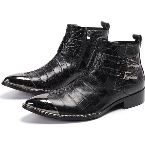 Rock British Fashion Mens Dress Boots Black Buckles Mans Genuine Leather Ankle Boots Shoes Flats Heels Personality Size 38-47