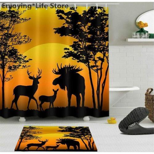 Polyester Shower Curtain Set Sunset Deer & Trees Shower Curtain Bathroom Bath Mat Rugs Waterproof Fabric with Mat 12 Hooks