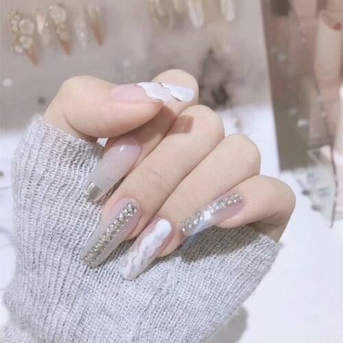 New 24pieces (Pre-glue) Mysterious Ballet Marbling Manicure 3D Long Fake false Sticker Faux Nails Tips With free Glue